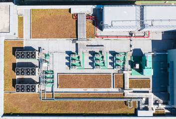 Aerial View of Rooftop Cooling Systems and Industrial Infrastruc