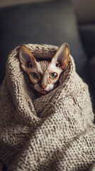A Sphynx cat wrapped snugly in a thick wool blanket, its large expressive eyes gazing curiously, radiating warmth and uniqueness.