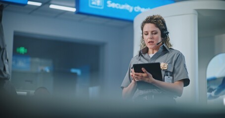 Airport Security System: Female TSA Officer with Tablet Computer Wearing Headset Instructs Airport...