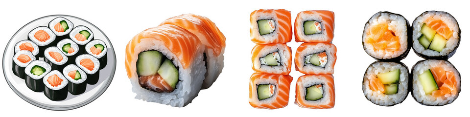 Set of a Sushi with salmon and cucumber, isolated on transparent background.