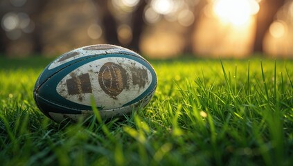 Rugby ball on grass in a park at sunset