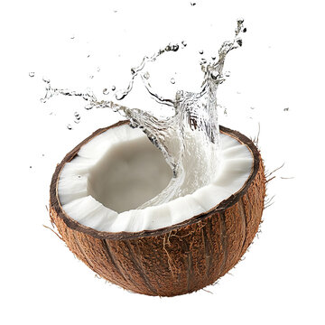 summer mood A fresh coconut with water splashing out, embodying tropical vibes and natural hydration. Perfect for showcasing exotic flavors and healthy drinks. Isolate on white element transparent