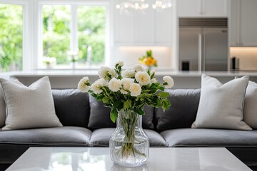Modern living room with a vase of flowers.  Soft lighting and neutral tones