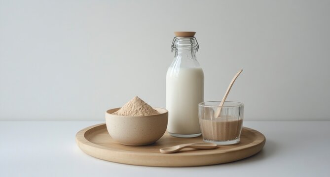 Preparing Mushroom Latte with Milk and Powder on Wooden Tray