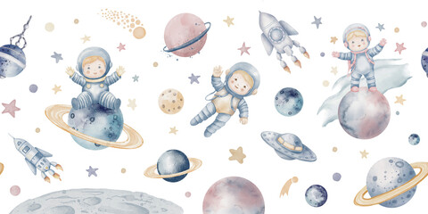 Watercolor seamless Space border with cute child Astronauts, planets, rockets, and stars floating in a Cosmic scene. Illustration of Pattern for nursery wall art or wallpaper in pastel colors. © Alisles
