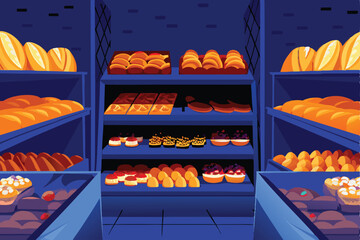 High-resolution image of a supermarket's bakery section, showcasing bread, pastries, and cakes; warm lighting, inviting atmosphere.