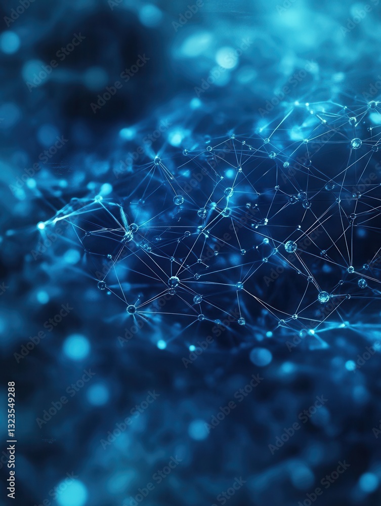 Poster Vibrant neural network patterns create a futuristic design in deep blue and cyan with a techy ambiance and fading black background