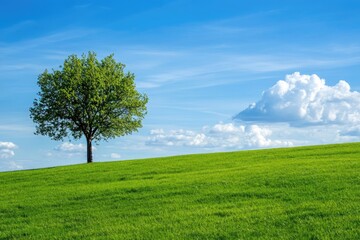 Obraz premium Lush green field with a single tree under a vibrant blue sky