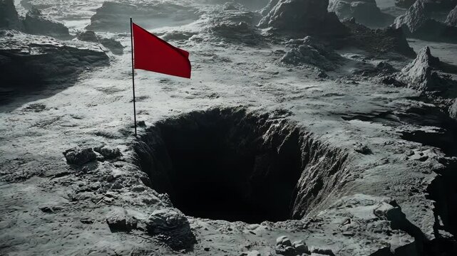 Red flag stands near a deep pit on a gray rocky lunar-like landscape revealing an alien terrain of craters and boulders