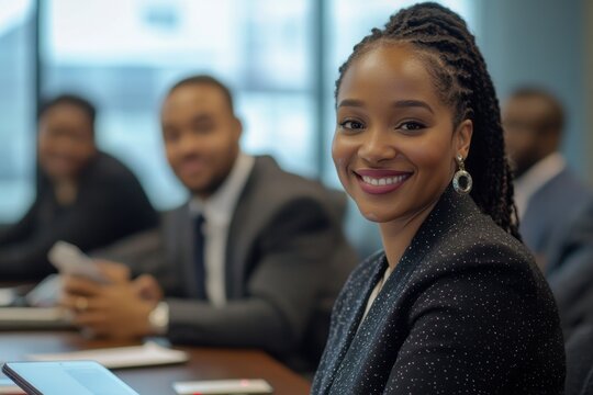 Smile, boardroom and portrait of a black woman with a tablet for training, meeting or teamwork. Happy, business and a corporate employee with technology in a work office for company