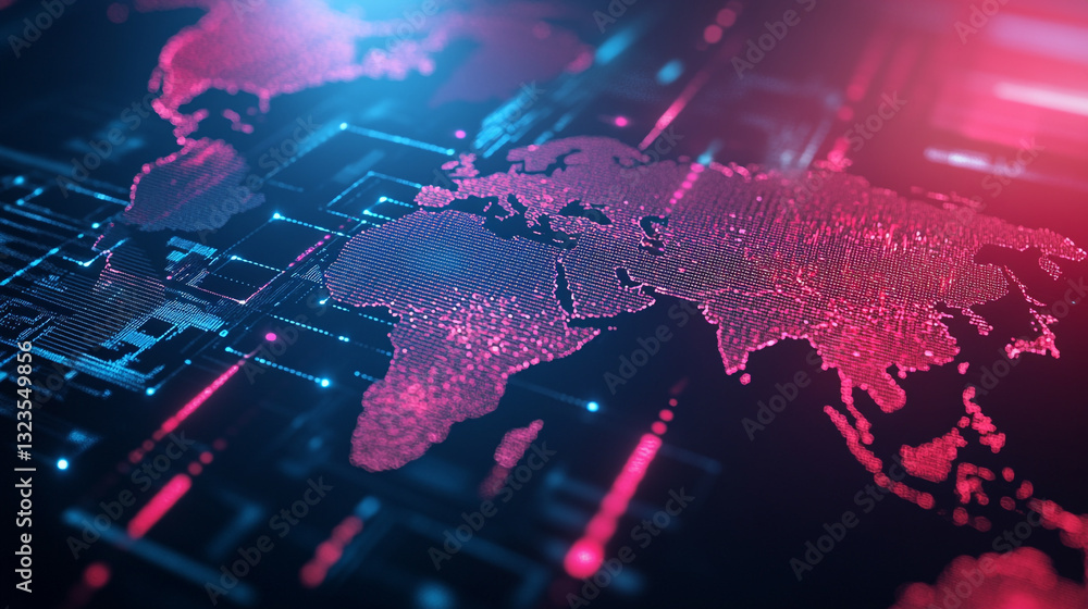 Poster global network digital world map technology abstract pink blue data dots lines space cyber design