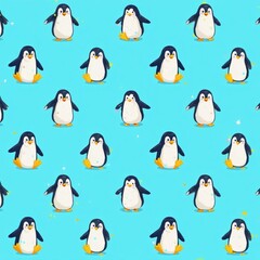 Obraz premium Playful penguin doodles in a seamless pattern on a blue background, seamless, pattern