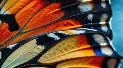 Close-up of colorful butterfly wing background showing intricate pattern and eye spots with vivid orange, black, and blue details