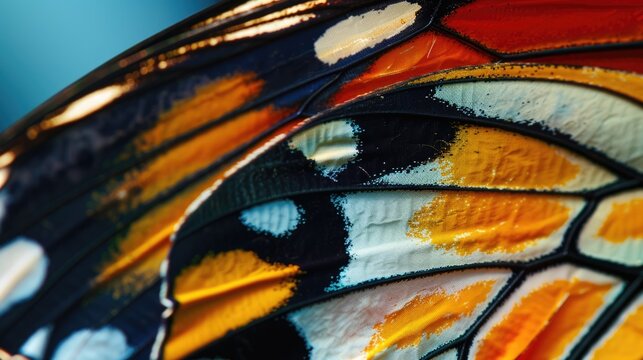 Close-up of colorful butterfly wing background showing intricate pattern and eye spots with vivid orange, black, and blue details