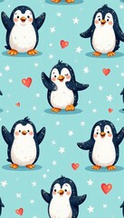 Playful and cute penguin characters in a seamless doodle pattern for textiles, seamless, penguin