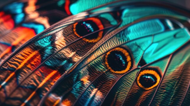 Vibrant iridescent butterfly wing close-up with neon blue, orange, yellow and purple colors revealing microscopic textures