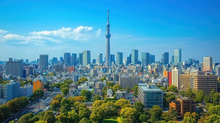 Obraz premium Tokyo skyline, sunny day, cityscape, travel