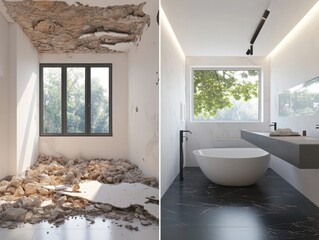Renovated bathroom interior, before and after.  Damaged ceiling and floor are replaced with modern fixtures