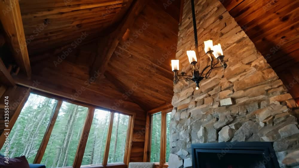 Poster tilt down video of a cozy fireplace in a rustic cabin, with soft diffused light creating a warm and 