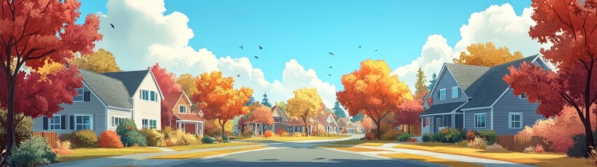 Quaint neighborhood street in autumn colors.