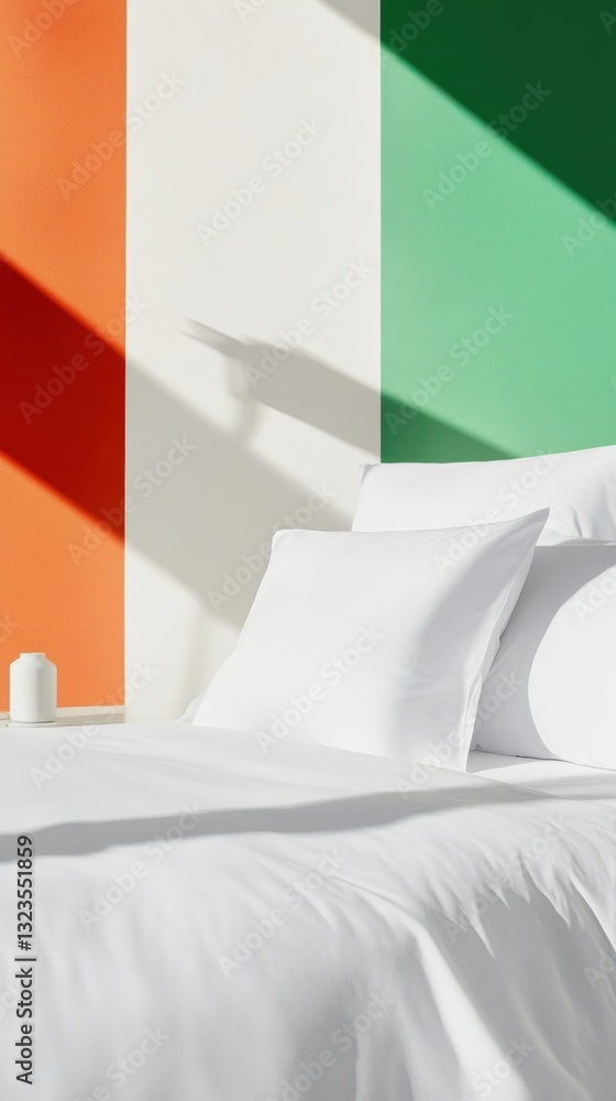 Poster minimalist color block luxury bedding modern hospitality design with serene white textiles and geome