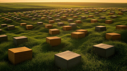 Fototapeta premium Expansive Indian Beekeeping Farm at Sunset – Sustainable Honey Production for Organic and Ayurvedic Wellness