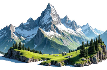 snow mountain alps peak with cliff, rocks and meadow isolated on transparent background, png file	