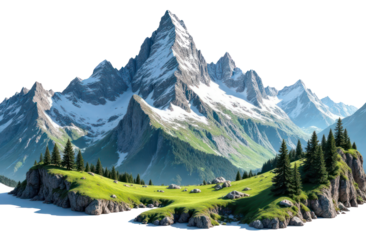 snow mountain alps peak with cliff, rocks and meadow isolated on transparent background, png file	