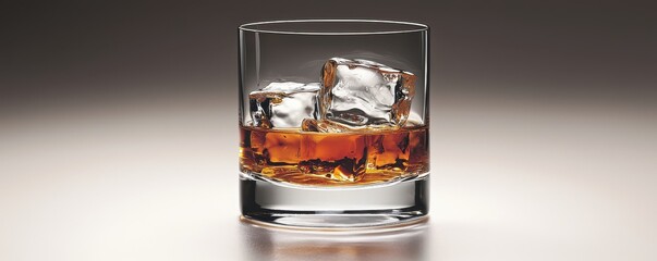 World whiskey day with beverage and glass idea. Glass of whiskey with ice on a minimalist background.