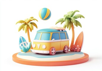 3D Render of Yellow and Teal Vintage Van on Tropical Island Scene