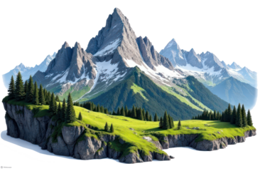 snow mountain alps peak with cliff, rocks and meadow isolated on transparent background, png file	