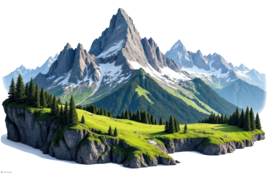 snow mountain alps peak with cliff, rocks and meadow isolated on transparent background, png file	