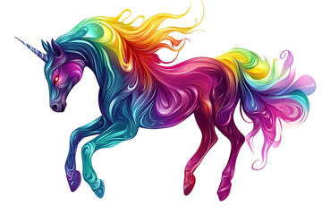 A vibrant rainbow unicorn, magically leaping, its mane and tail swirling with colorful, abstract patterns.