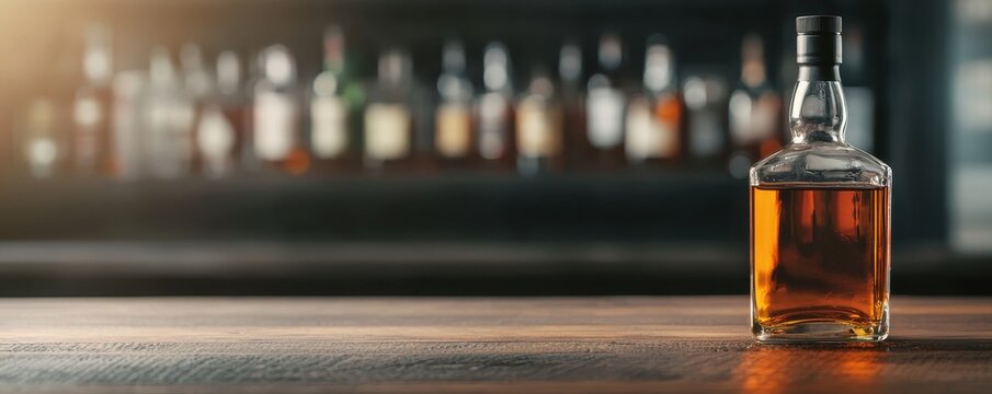 World whiskey day with beverage and glass idea. A whiskey bottle on a wooden bar counter.