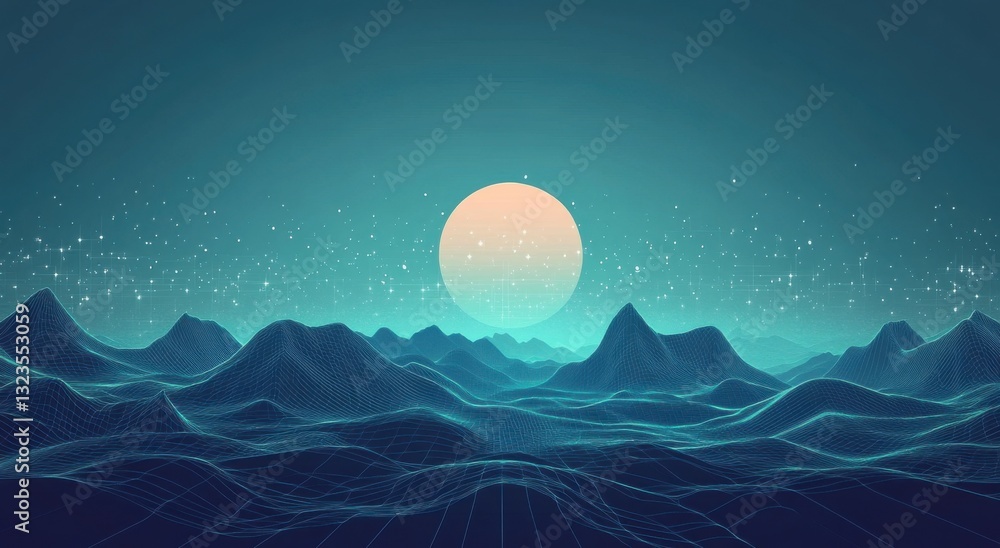 Poster a digital landscape with stars and a moon, featuring minimalist mountain shapes in the background. t