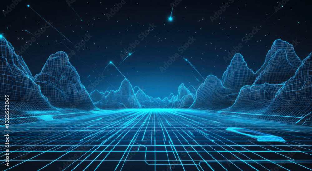 Poster wireframe landscape with blue neon lines and holographic mountains against an empty starry sky. perf