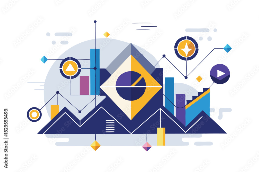 Aufkleber Vector illustration showcasing modern data analytics with geometric shapes, graphs, and vibrant colors on a digital landscape