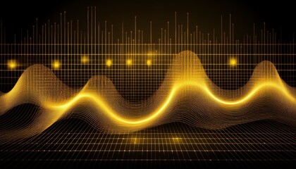 Naklejka premium fluctuating vibrant glowing digital waveforms on a black grid background