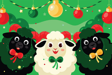 Create a cheerful cartoon illustration of happy sheep and goats frolicking together in a lush green pasture.  Include vibrant colors and expressive features.