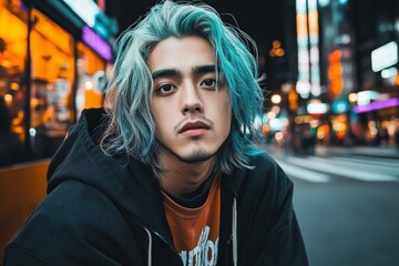 Obraz premium A young man with blue and gray hair poses confidently in a vibrant city at night