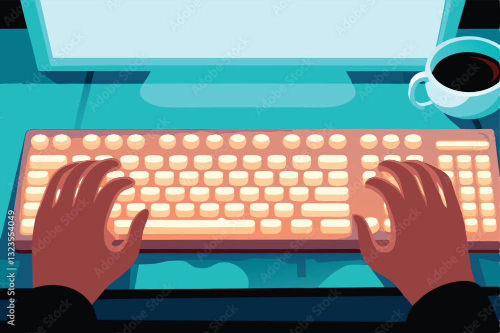 Poster create a cartoon vector illustration of a happy programmer sipping coffee, showcasing a relaxed yet 