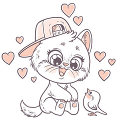 Cute cartoon fluffy baby kitten in cap sit on background and talking to a bird
