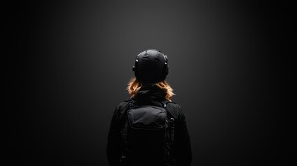 Person with Backpack Standing in Dark Environment Evoking Adventure Mood