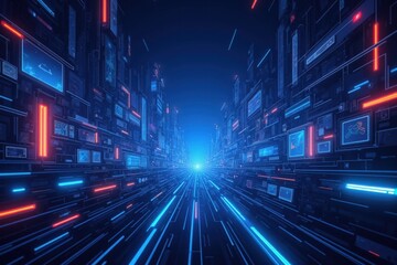 Vibrant Digital Corridor with Neon Lights and Screens: A Futuristic 3D Tunnel Showcasing Advanced Technology and Dynamic Visuals