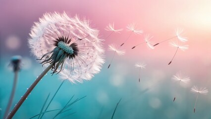 A delicate dandelion puff releasing seeds into a pastel-hued background, symbolizing nature's beauty and transformation.