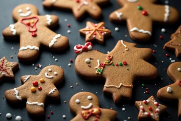 Gingerbread cookies cut into festive shapes with icing and sprinkles on black surface, icing, holiday
