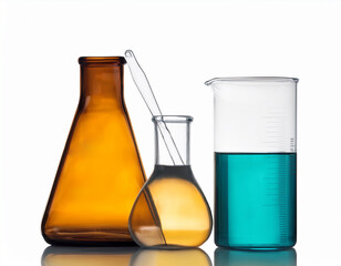 chemical laboratory glassware with liquid isolated on a white background