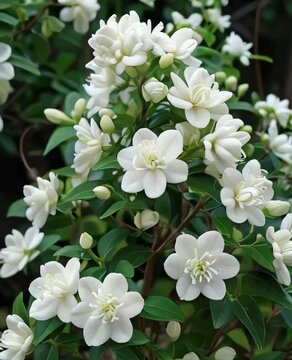 Jasminum sambac, commonly known as Arabian Jasmine. It is a fragrant, evergreen shrub that produces white, multi-layered blooms