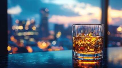 World whiskey day with beverage and glass idea. Glass of whiskey against a city skyline at sunset.
