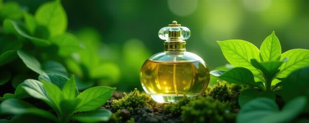 Glass perfume bottle with a golden crown nestled among lush greenery, plants, serene, bottle